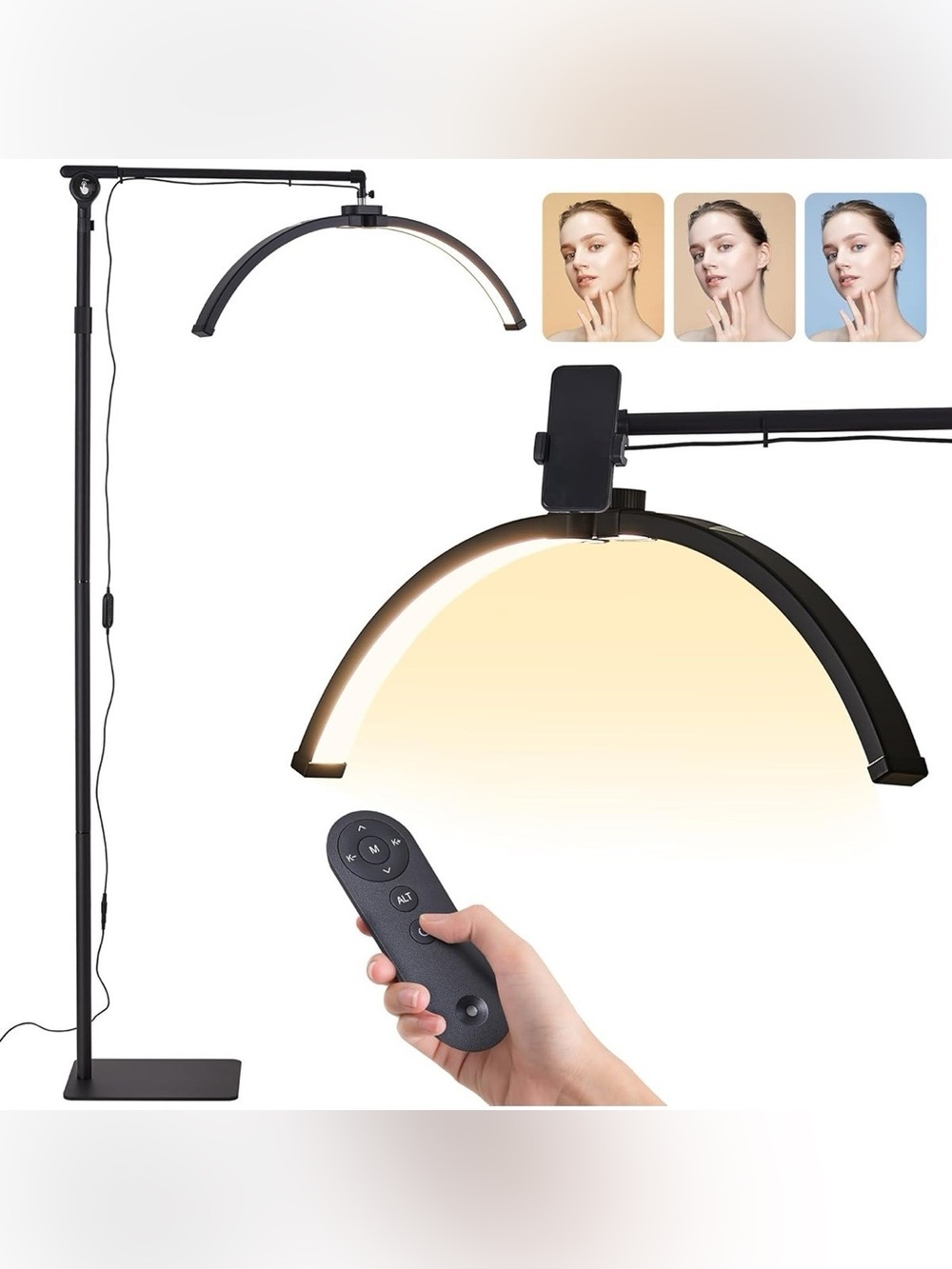 Modern Black LED Arch Floor Lamp with Remote
